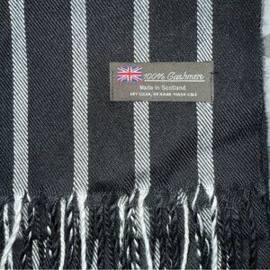 Cashmere Black and Gray Striped Scarf with fringe Unisex Made in Scotland